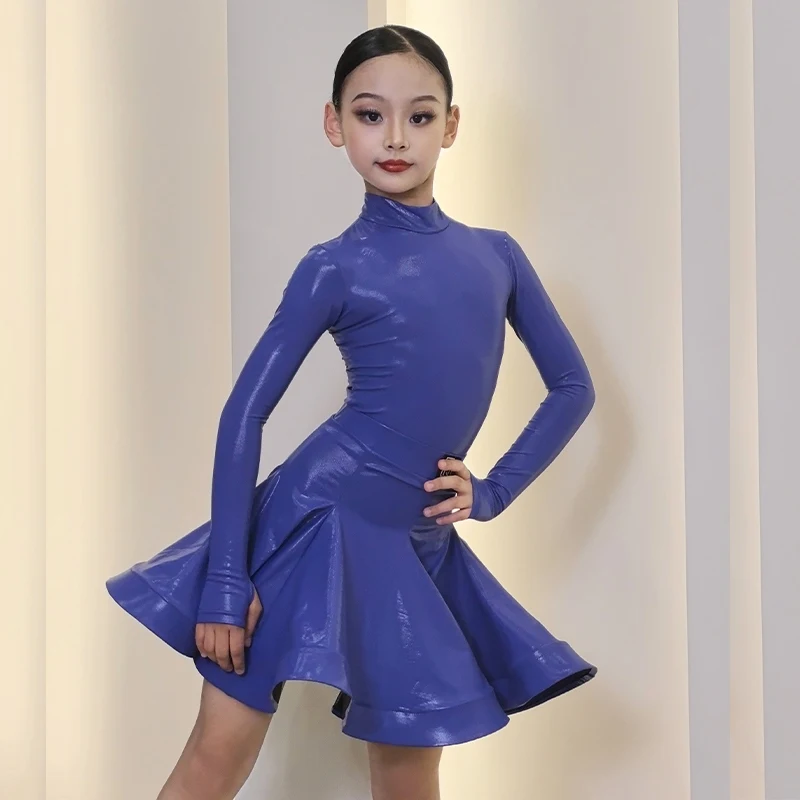 Girls Latin Dance Competition Clothing Glossy Fabric Long Sleeves Dance Dress Kids Cha Rumba Practice Training Wear V22000 dance dress