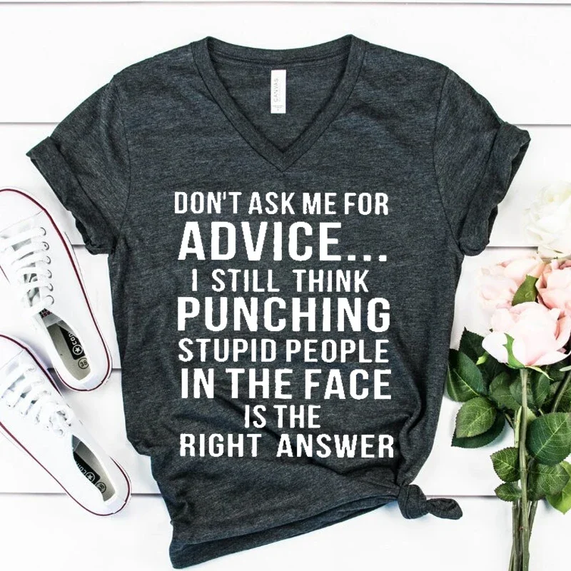 

Punching Stupid People T Shirt Funny Women Clothes Summer V-neck Tops Grunge Y2k Streetwear Harajuku Female T Shirts 2023 Tees
