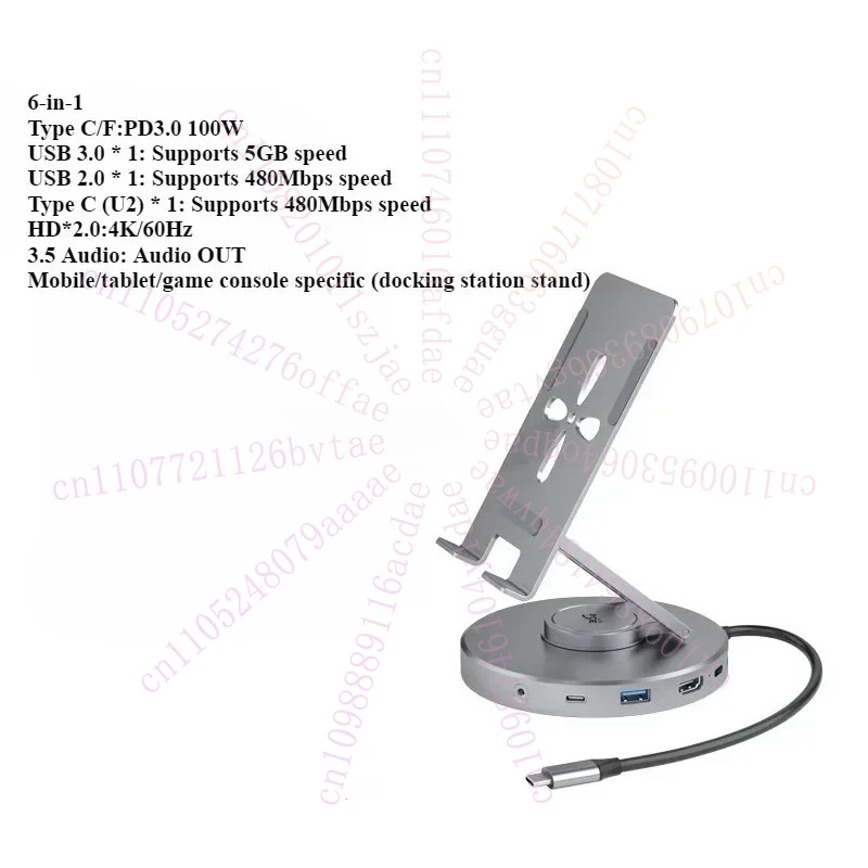 6/10 in 1 Çoklu USB C Hub Döner Telefon Tablet Standı Katlanabilir Masaüstü Kullanışlı 360 °   Temel El Tipi Bağlantı İstasyonu