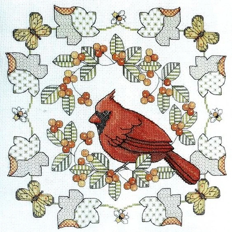 Embroidery Northern Cardinal in Autumn Cross Stitch Funny Sign with Cotton Floss & Needlework Kit for Wall Decor