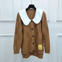 

Loose Women Knitted Cardigans Coat Fake Two Piece Large Peter Pan Collar Single-breasted Mid-long Casual Female Sweater Top