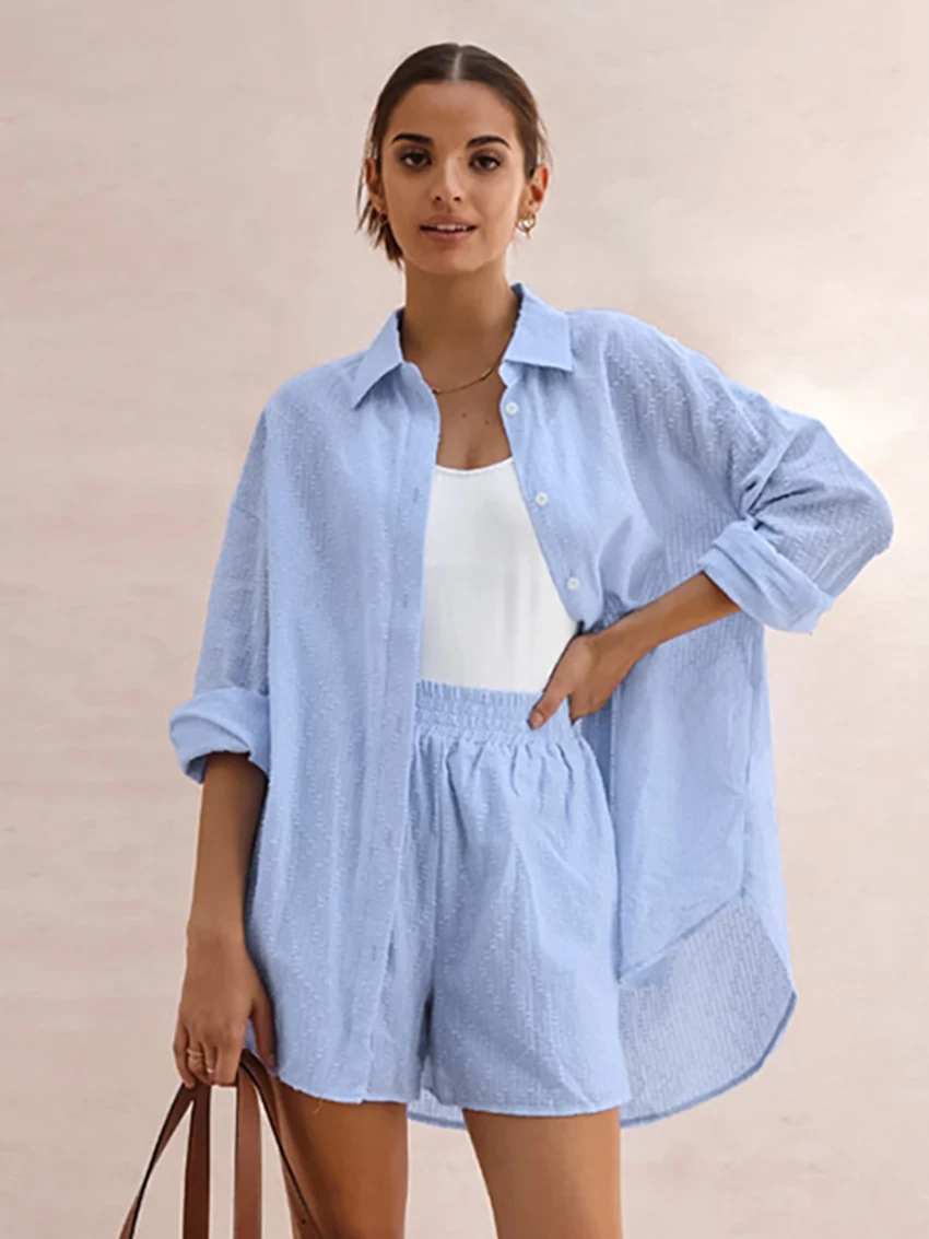Marthaqiqi Cotton Female Sleepwear Suit Long Sleeve Nightgown Turn-Down Collar Nightwear Shorts Casual Ladies Pajama 2 Piece Set