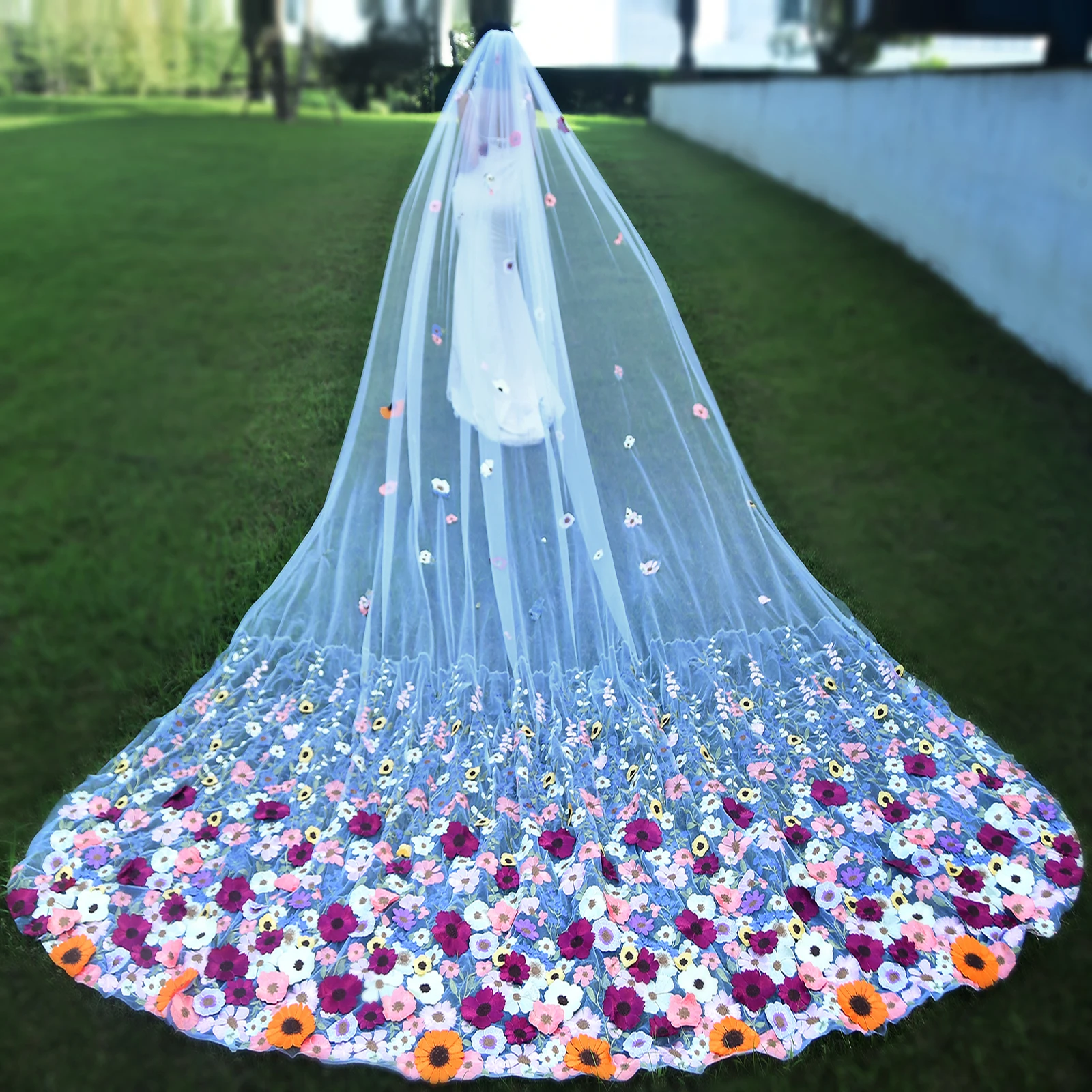 MZA72 Bridal Veil Luxury Three-Dimensional Flowers Colourful Church Length 1 Layer Soft Wedding Veil Wedding Accessories