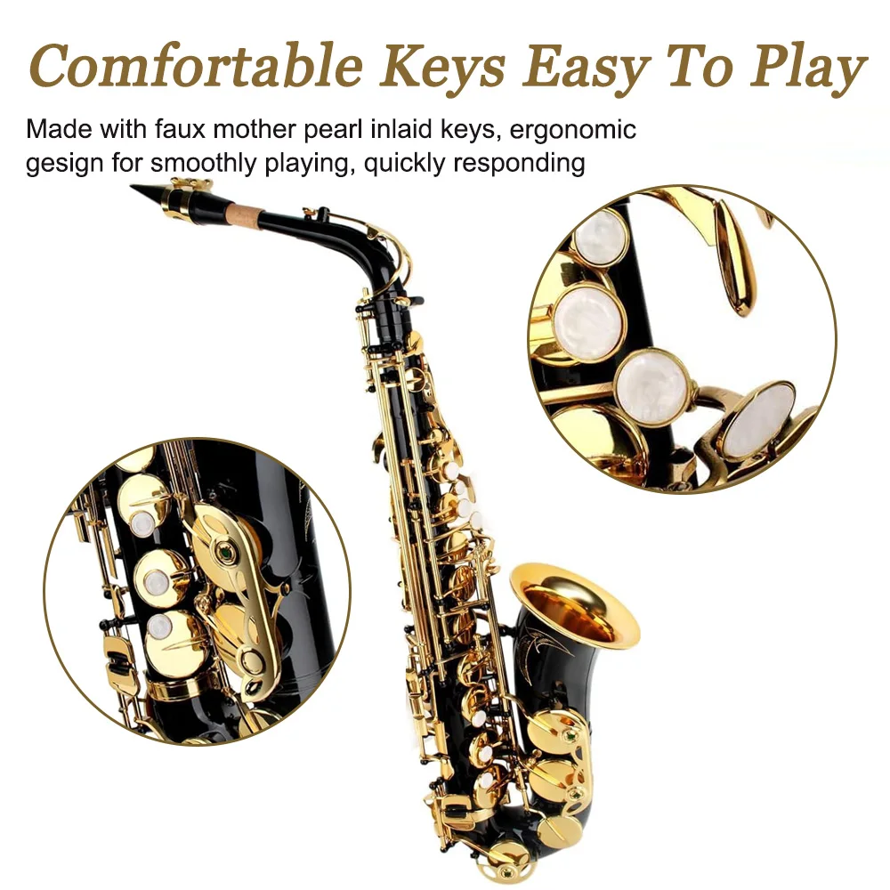 SLADE Black Gold Key Alto Saxophone Beginner Set for Adult Student Saxophone Eb Professional Brass with Woodwind Parts