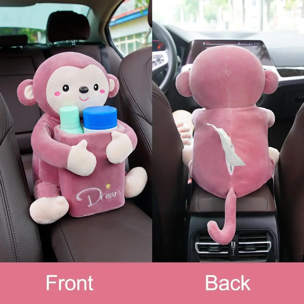 

2 In1 The New Cute Cartoon Car Tissue Box Creative Monkey Short Plush Tissue Box Holder For Car Armrest Box Car Garbage Can N2H3