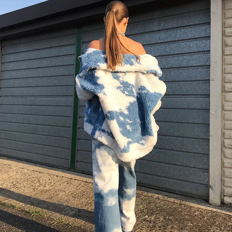 Women Winter Streetwear Furry Fleece Warm Cardigan Women Overcoat Blue Sky and White Clouds Print Lamb Wool Coats Teddy Jackets