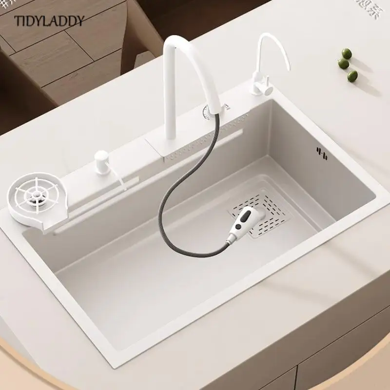 White Stainless Steel Waterfall Kitchen Sink Multifuctional Faucets Simple Style Large Single Slot Kitchen Novel Accessories 5