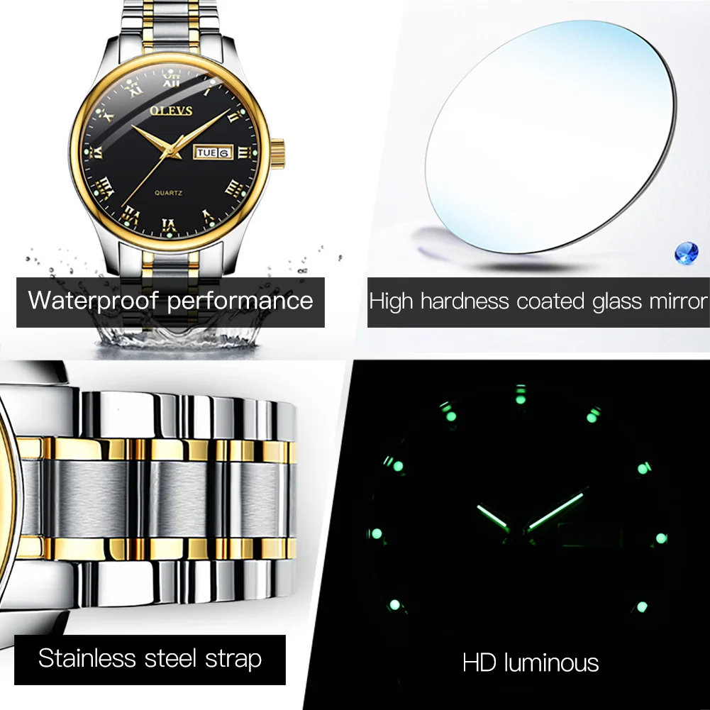 OLEVS Original Quartz Watch for Men Luxury Stainless Steel Men's Watches Waterproof Luminous Leather Strap Date Week Wristwatch