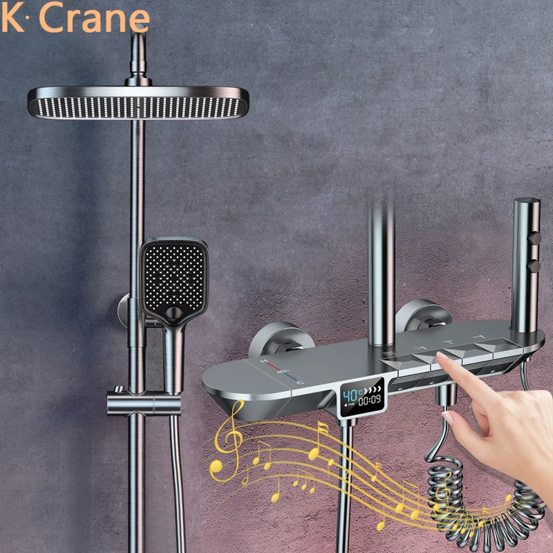 LEDDigitalRainShowerFaucetBathroomHotColdThermostaticMixer