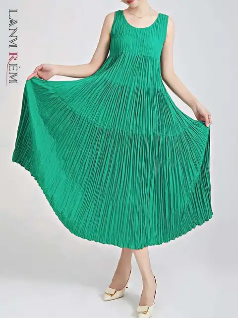 LANMREM Elegant Pleated Dress For Women Round Neck Sleeveless Solid Spliced A-line Dresses Female Clothing 2024 New 2YA2860