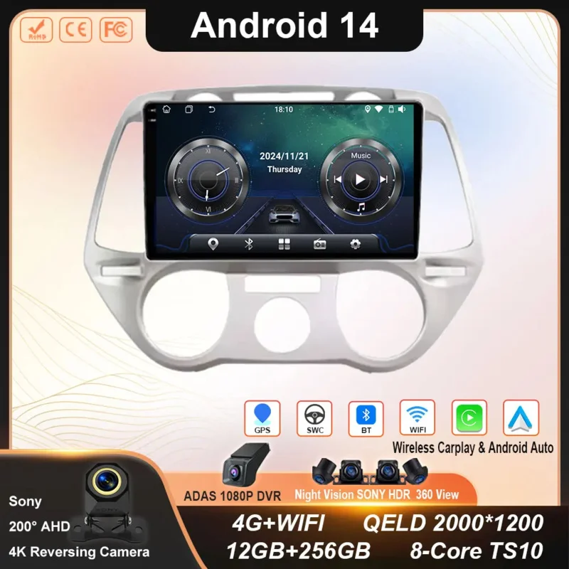 Car Multimedia Player Android 14 Carplay For Hyundai i20 2008 2009 2010 2011 2012 Car Radio Stereo Multimedia Video Player DSP GPS 4G WIFI QLED Screen