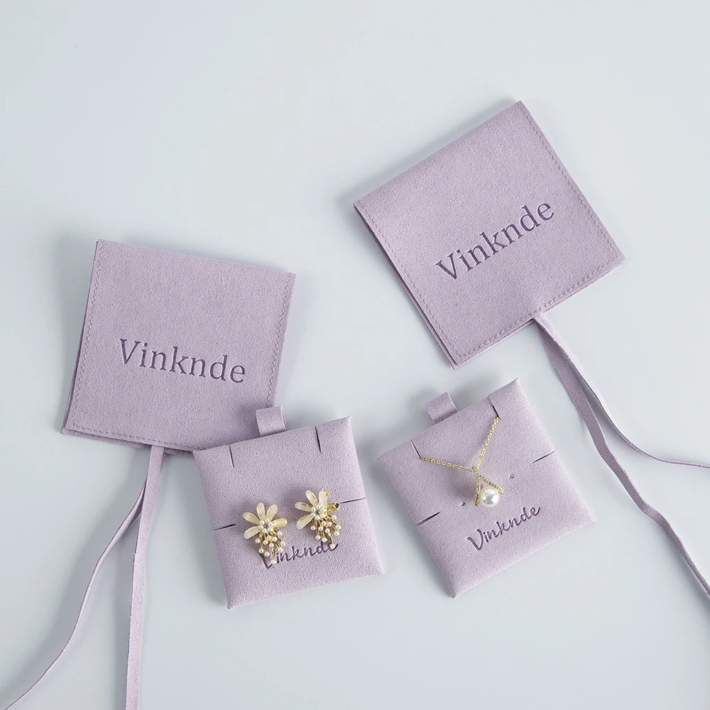 Custom Logo Jewellery Package Microfiber Suede Envelope Ribbon Pouch Jewelry Earrings Necklace Gift Bag with Insert Pad/Card