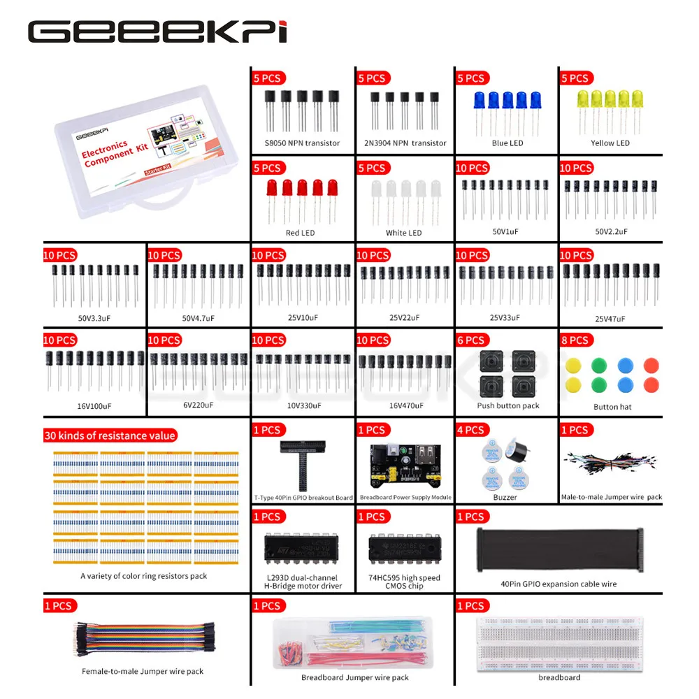 Geeekpi-kit de Componentes Eletrônicos com Resistores Capacitores Indutores Diodos Transistores Leds Transformadores Breadboard Osciladores