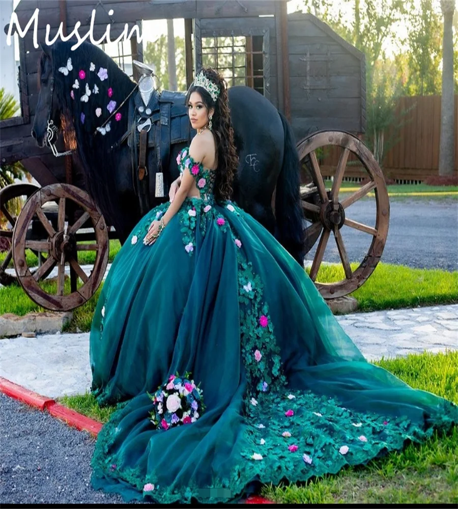 

Великолепное изумрудно-зеленое платье Quinceanera с цветными цветами, красивое платье 15 дюймов, платья принцессы Xv, мексиканские платья Charro