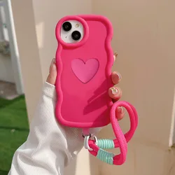 Cute Love Heart Shockproof Phone Case with Hand Strap and Wave Frame Design for Redmi Turbo4 (Rose1)