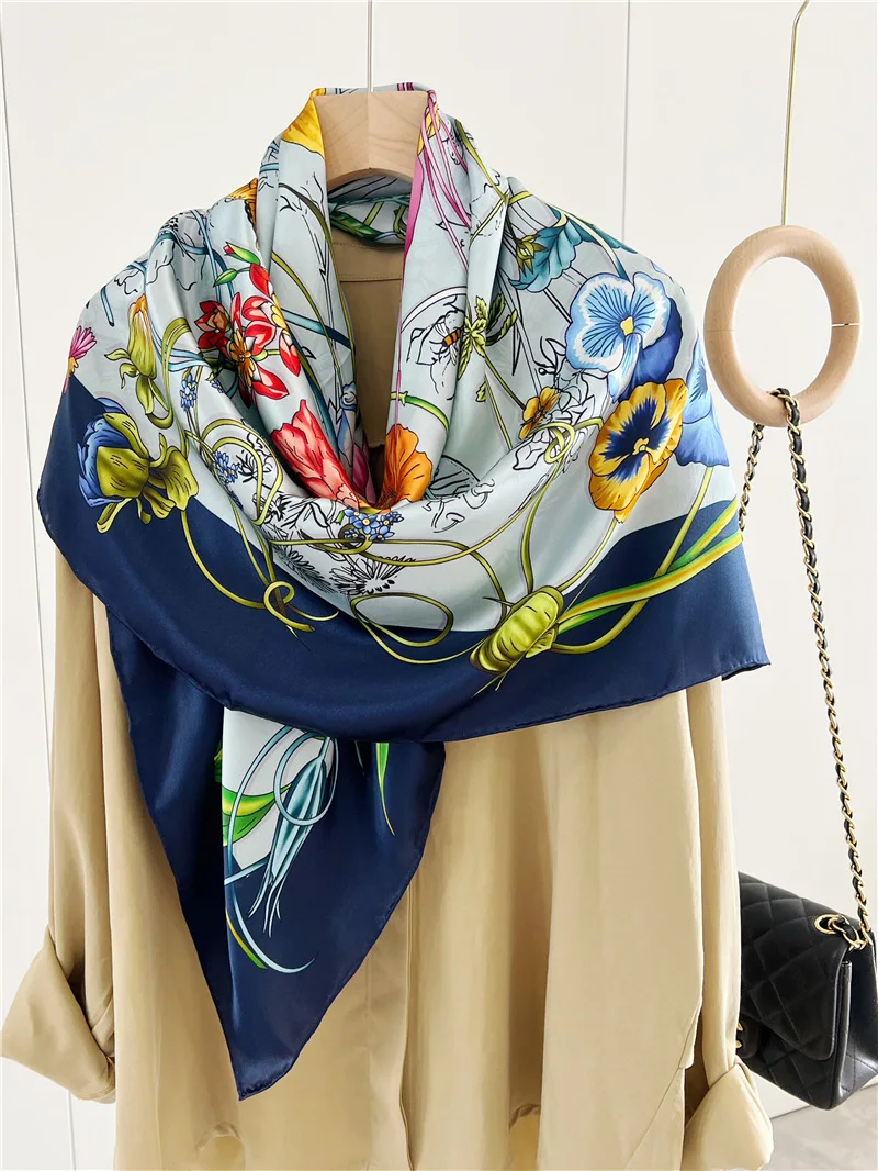 

New Arrival 100% Real Silk Print Shawl Square Women Scarf Fashion Beach Stole Scarves Neckerchief Female Hijab Poncho Bandana