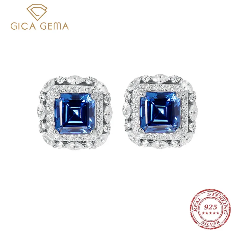 

GICA GEMA 100%925 Sterling Silver 7MM Asscher Cut Tanzanite High Carbon Diamond Gemstone Stud Earrings Fashion Fine Jewelry Gift