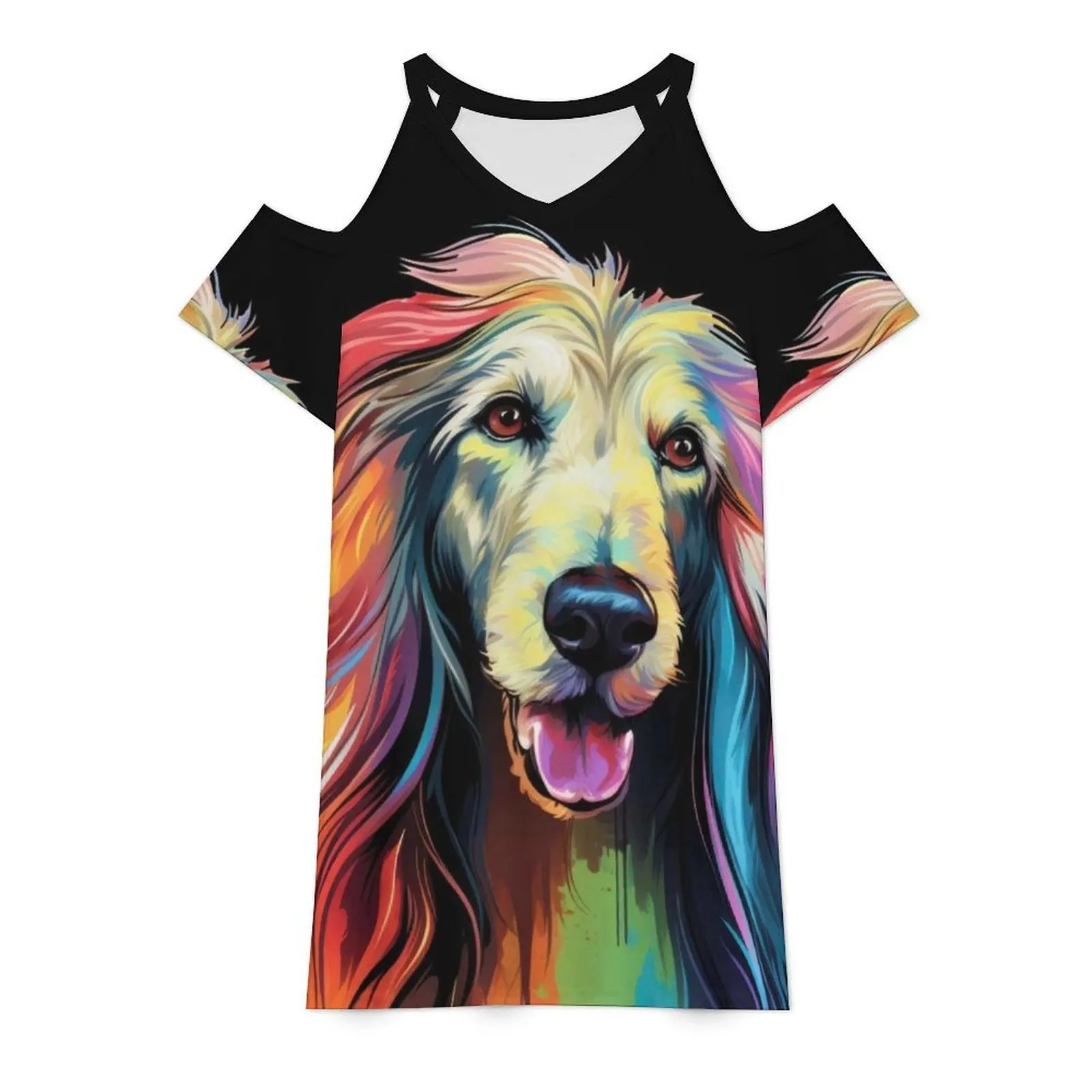 Elegant women's A-line party dress featuring a vibrant multi-colored pop art print of an Afghan Hound dog.