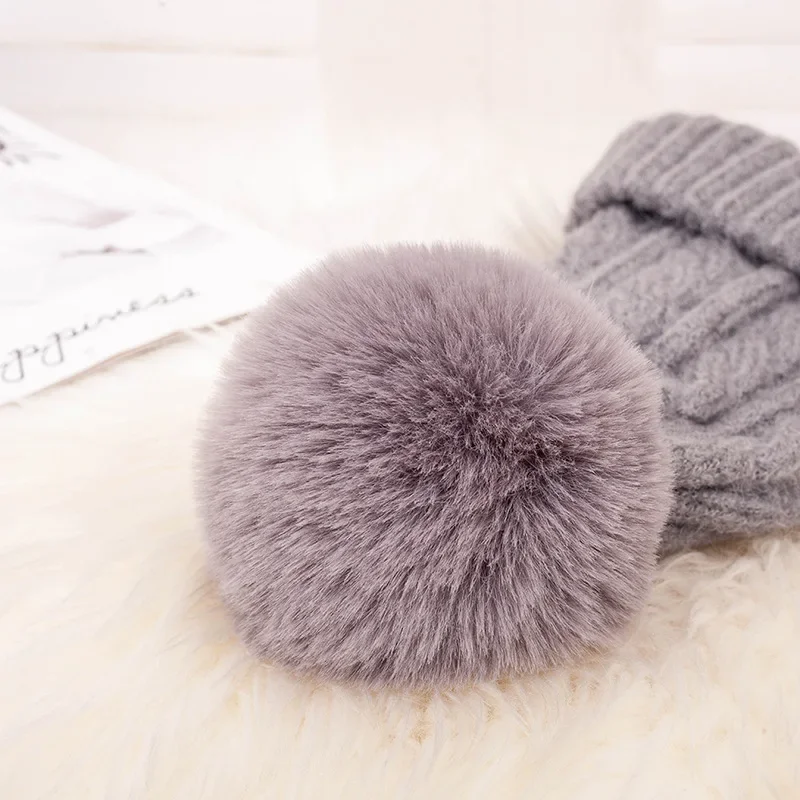 Fashion Warm Knitted Women's Hat Striped Winter Hats For Women Pink Fur Pompom Wool Beanies Thick Skullies Cap faux Pom pom Hat 4