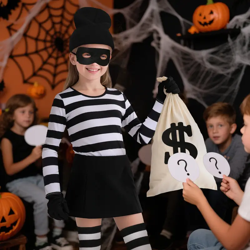 Boys Girls Robber Costume Girls Thief Accessories Jail Prisoner Costume Striped Top Sock Halloween Outfit Cosplay Props - Image 3