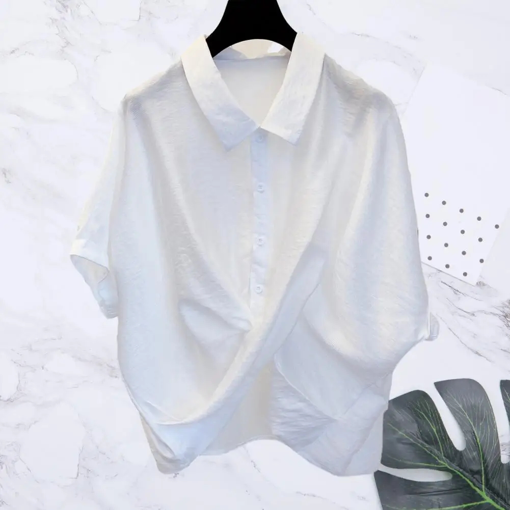 

Cross Hem Shirt Breathable Women Shirt Stylish Women's Cross Irregular Lapel Shirt Batwing Sleeves Single Breasted for Summer