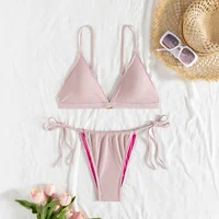 Light Pink Texture Bikini Triangle Cup Women's Swimsuit Cross-Border Strap Design Metal Buckle Bikini Set Female Swimwear