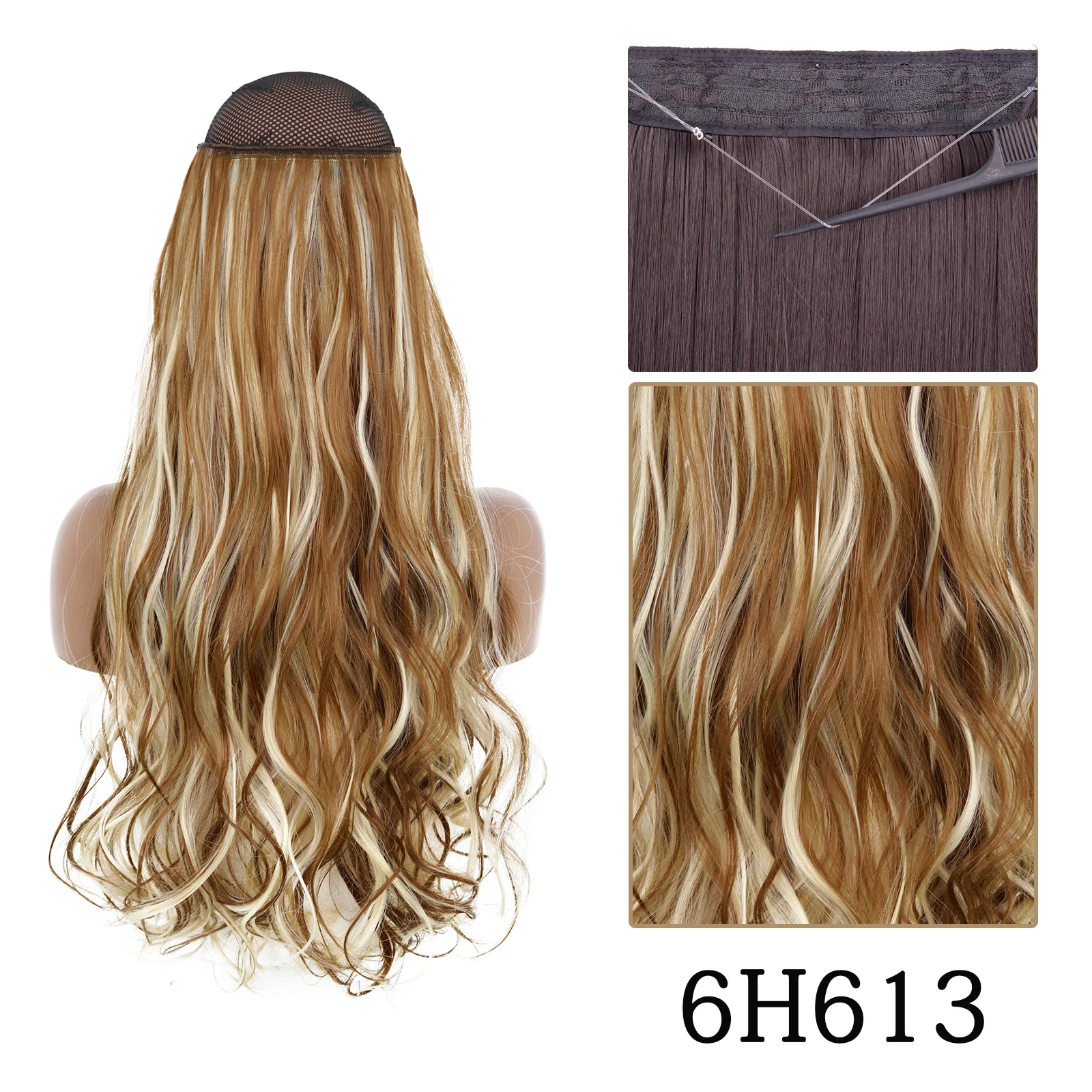 thumbnail image 1 of Extensiones de cabello sintético sin clip AZQUEEN, negro, rubio, largo, liso, con alambre de pescado secreto, postizo resistente al calor para mujer, 1 of 5