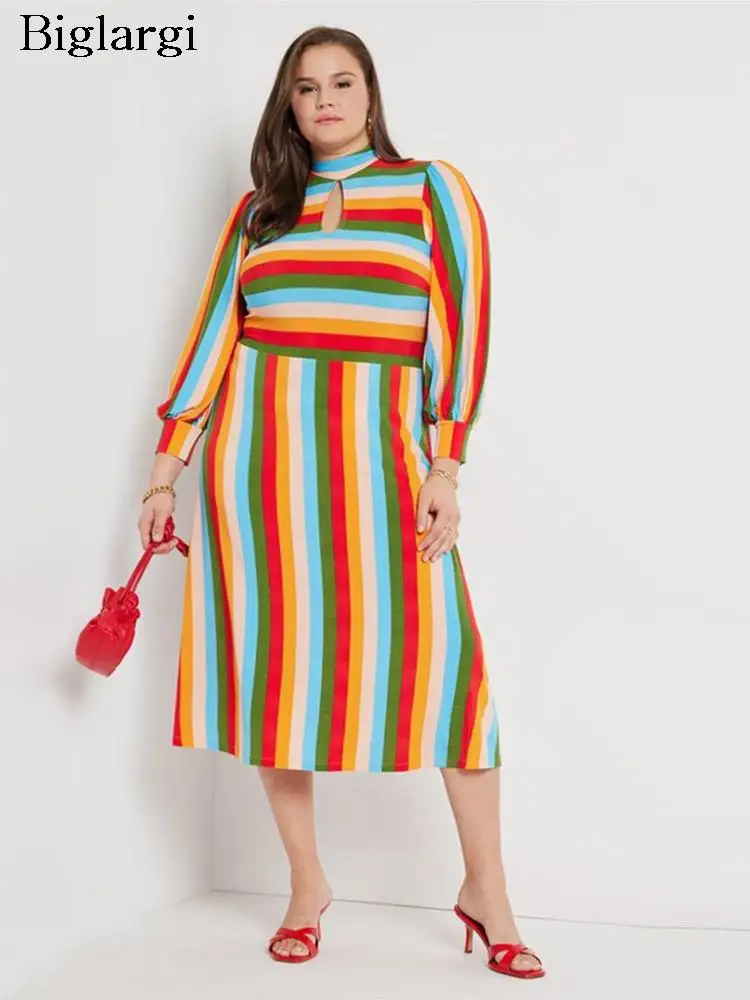

Plus Size Autumn Striped Print Midi Dress Women Lantern Long Sleeve Fashion Ladies Dresses Ruffle Pleated Loose Woman Dress 2023