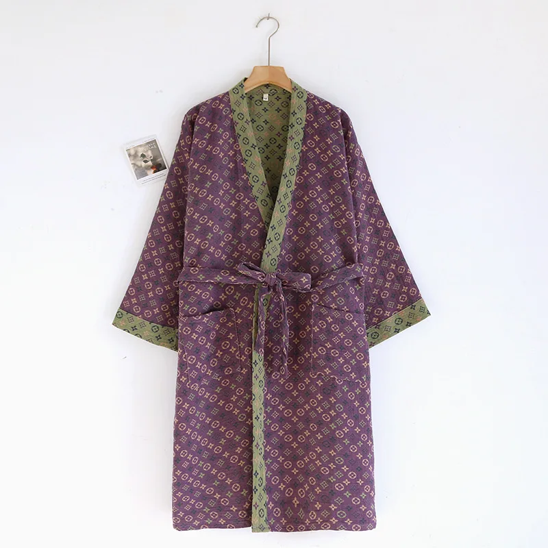 Women's Printed Cotton Loose Fitting Bathrobe Japanese Style Kimono with Belt Bathrobe Sweat Steaming Pajamas Robes Women