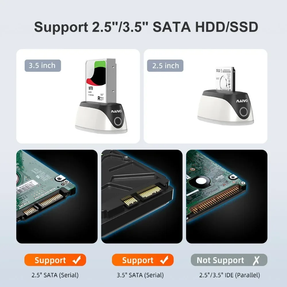 MAIWO RGB Hard Drive Docking Station USB 3.0 to SATA SSD HDD Case Base 2.5/3.5 inch SATA HDD/SSD Support 18TB Capacity UASP external hard drive case ssd enclosure hdd docking station