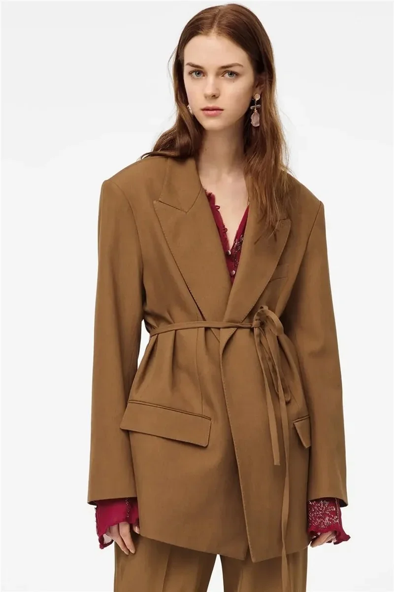 

2024 Spring Autumn New Fashion Solid Colors Lace Up Loose Casual Blazer Simple High Waist Office Blazer Suit with Bandage Women