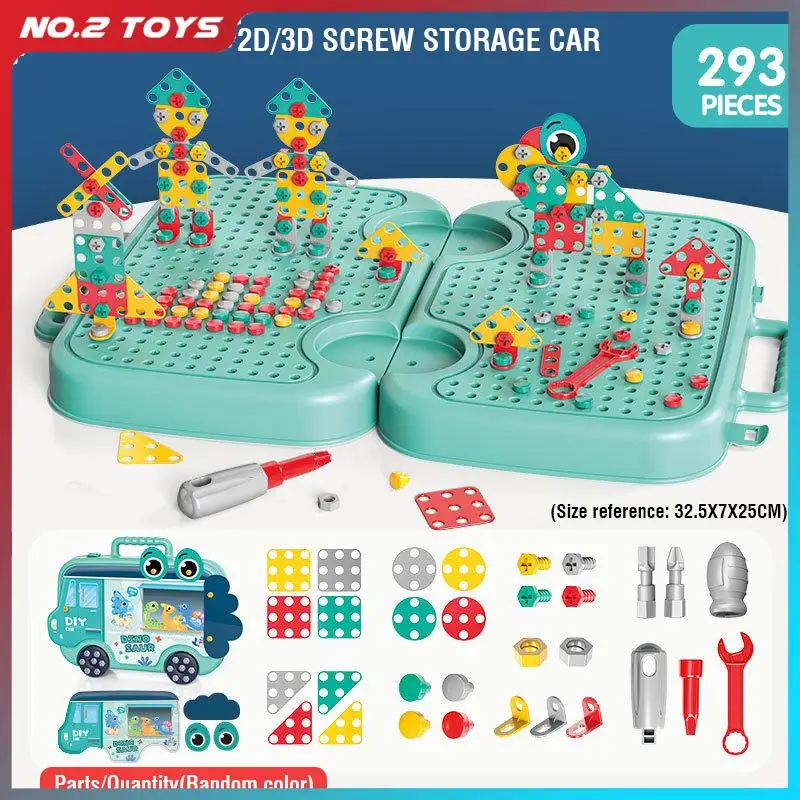 293Piece Magic Montessori Play Toolbox Pretend Play Screwdriver 2D/3D Creative Building Puzzle Toy with Screw Tool for Kids Gift