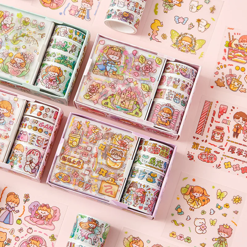 8 PCS Box Cute Korean Sticker Aesthetic Cartoon Masking Tape Set DIY Album Planner Journal Scrapbooking Decoration Kids Gift 4