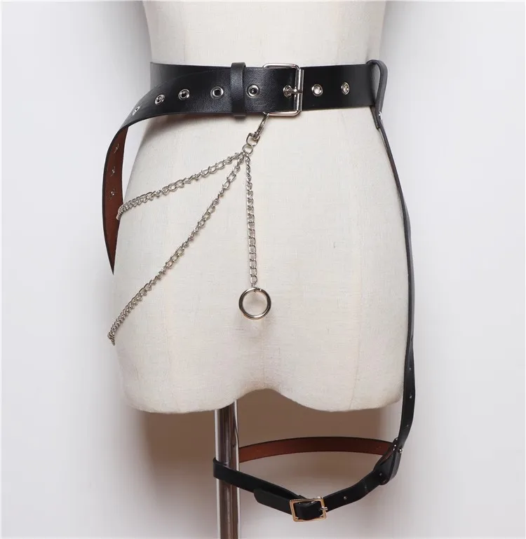 

Women's Fashion PU Leather Punk Chain Hip Hop Corset Female Cummerbund Coat Waistband Dress Decration Wide Belt J351