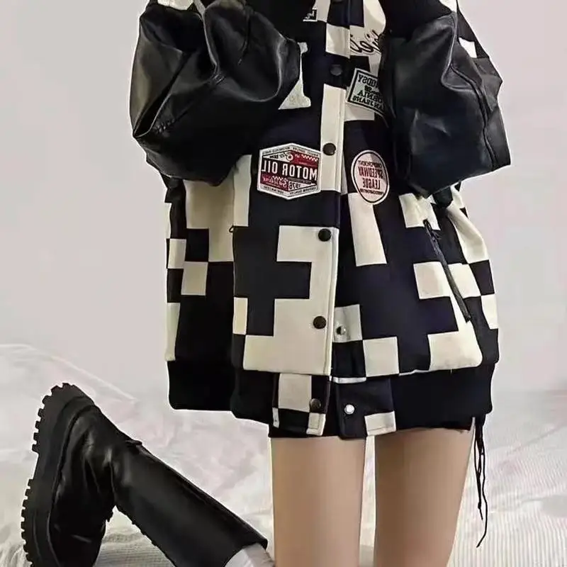 Women Baseball Uniform Black And White Plaid Japanese Baseball Uniform Jacket Women'S Men'S Autumn New Jacket Ins Fashion Brand