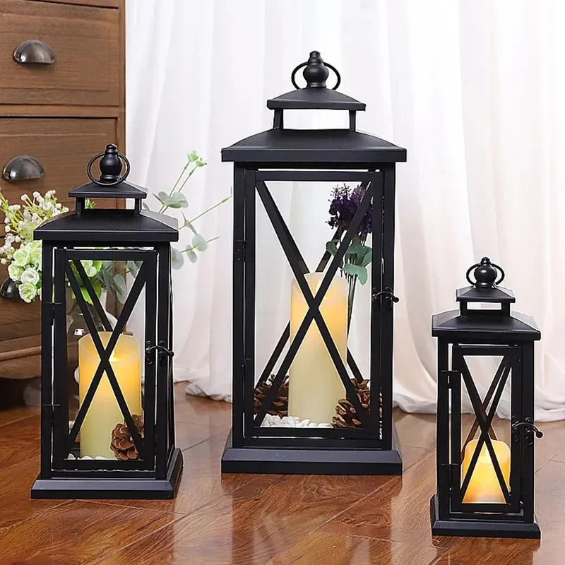 

Large Glass Candle Holders Wedding Decorations Garden Black European Lamp Retro Iron Candle Holder Centerpieces Metal Lantern