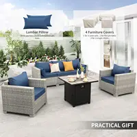 4 Piece Patio Furniture Set with Fire Pit Table Grey Wicker Outdoor Couch Balcony Sofa Patio Conversation Sets PE Rattan Chair, 3