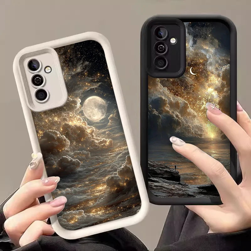 Golden Clouds and Starry Sky Artistic Phone Case - Whimsical Moonlight Landscape Design