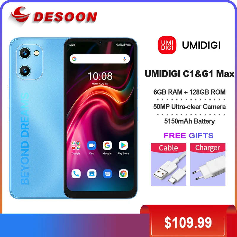 

UMIDIGI C1&G1 Max Smartphone 6GB+128GB 6.52" Display 5150mAh Battery 50MP Camera Unisoc T610 Octa-Core Dual SIM Cellp Pone