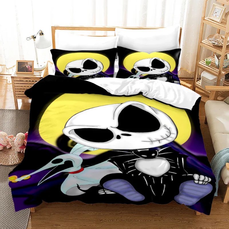 Funda de edredón de pesadilla antes de Navidad con funda de almohada, Jack and Sally, Calavera 3D, juego de cama de Navidad, dormitorio, decoración de Halloween, nuevo