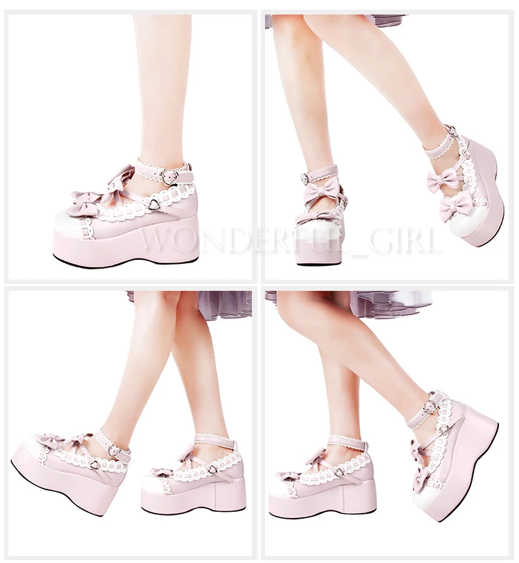 Neue Japanische Lolita Schuhe Mädchen Prinzessin Pumps High Heels Plateau mit Schleife 7