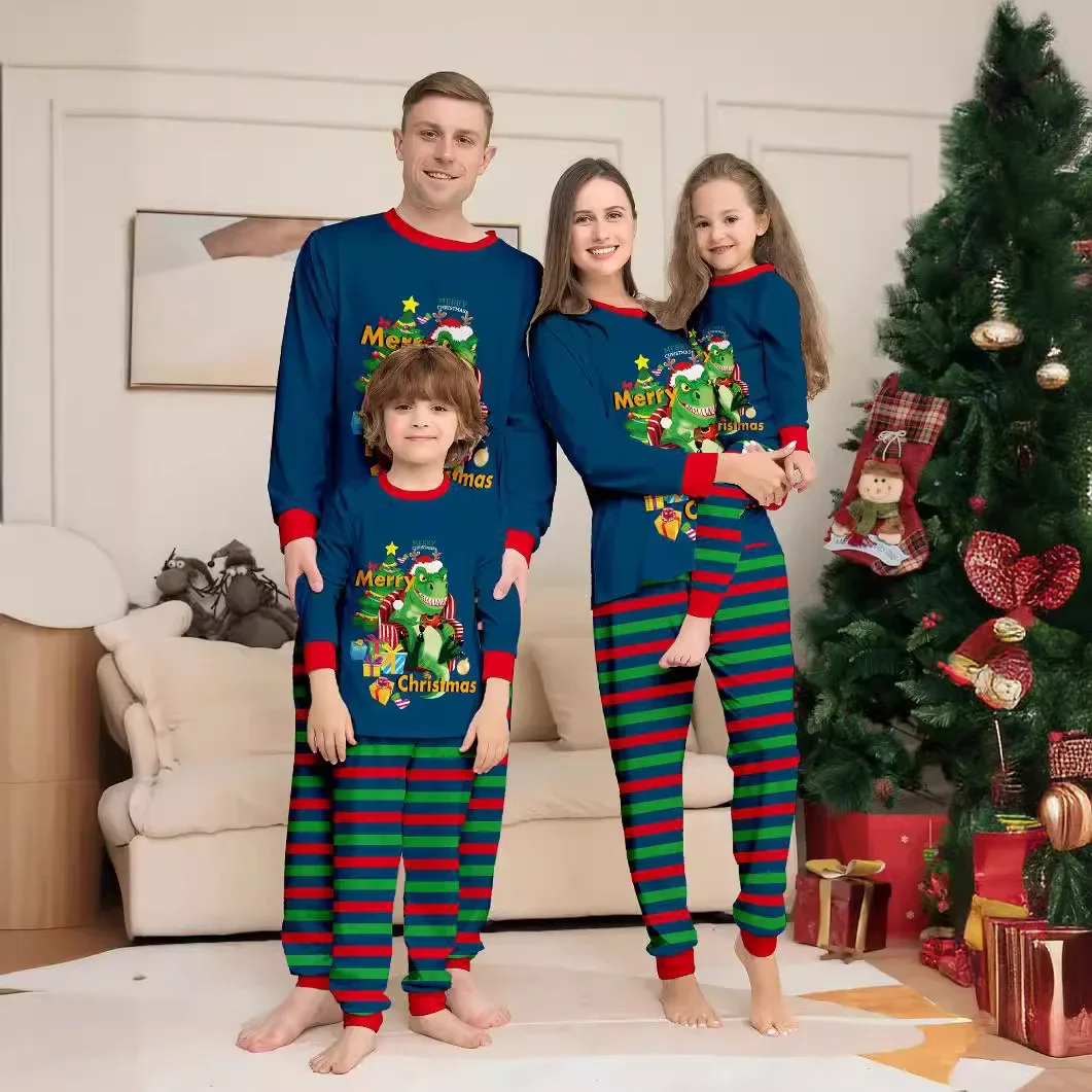 Merry Christmas Dinosaur Print Matching Outfits for Family 2024 New Cute Soft Adults Kids Pajamas Set Baby Dog Romper Xmas Look