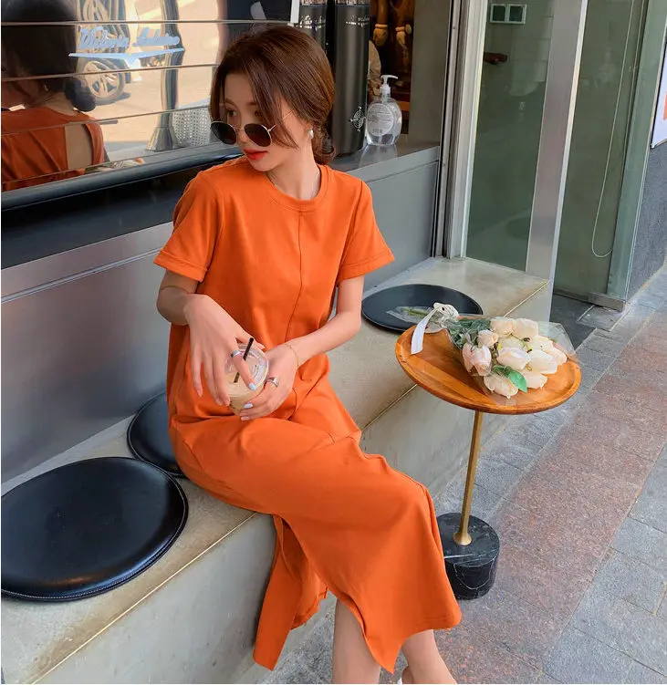 Casual Backless T Shirt Dress Summer New Round Neck Short Sleeve Solid Color Loose Midi Dress Fashion Trend Women Clothing