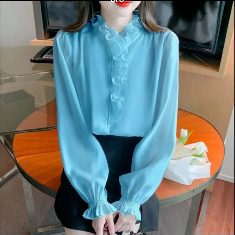 2024 spring autumn New Women's Solid Color Chic Slim Blouses Fashion Spliced Ruffled Neck Shirring Long sleeved Chiffon Shirts