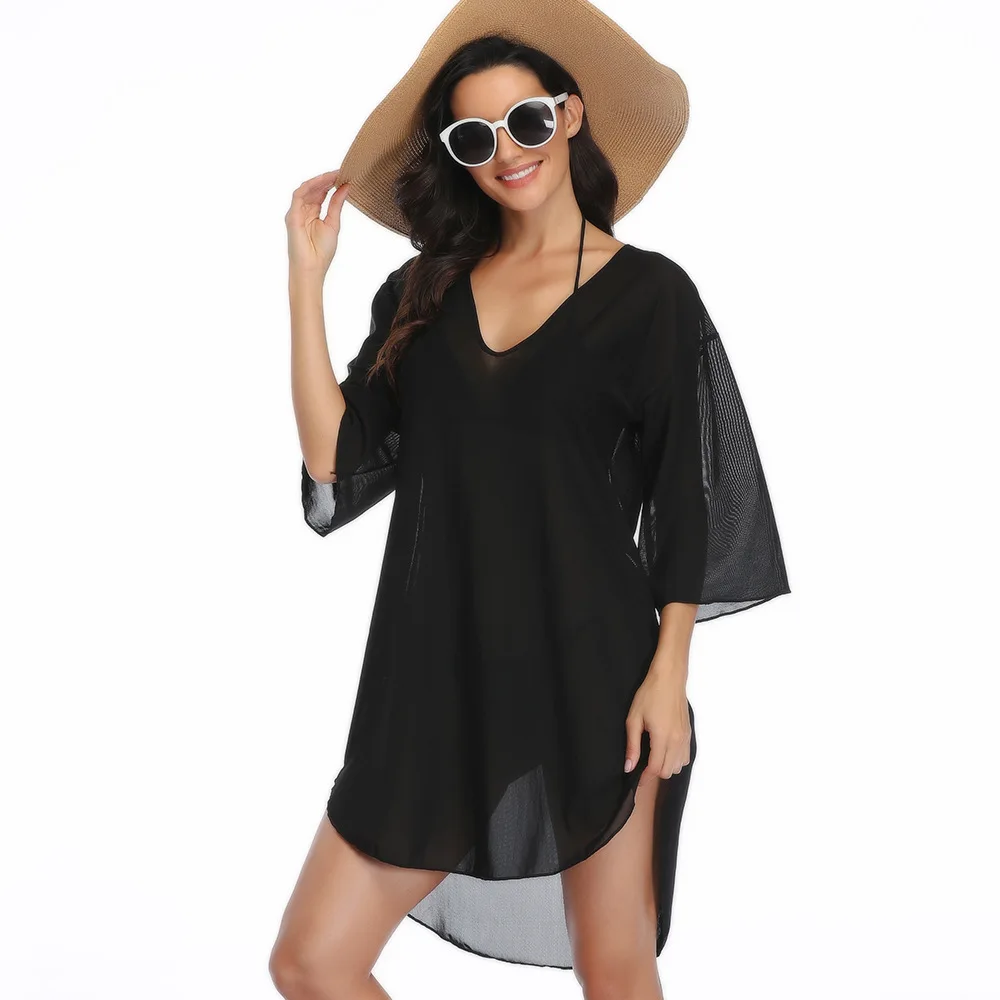 Black Bikini Cover Up with Mesh Women Sexy Beach Dress 2022 Summer Bathing Suit Beachwear mesh bathing suit cover up