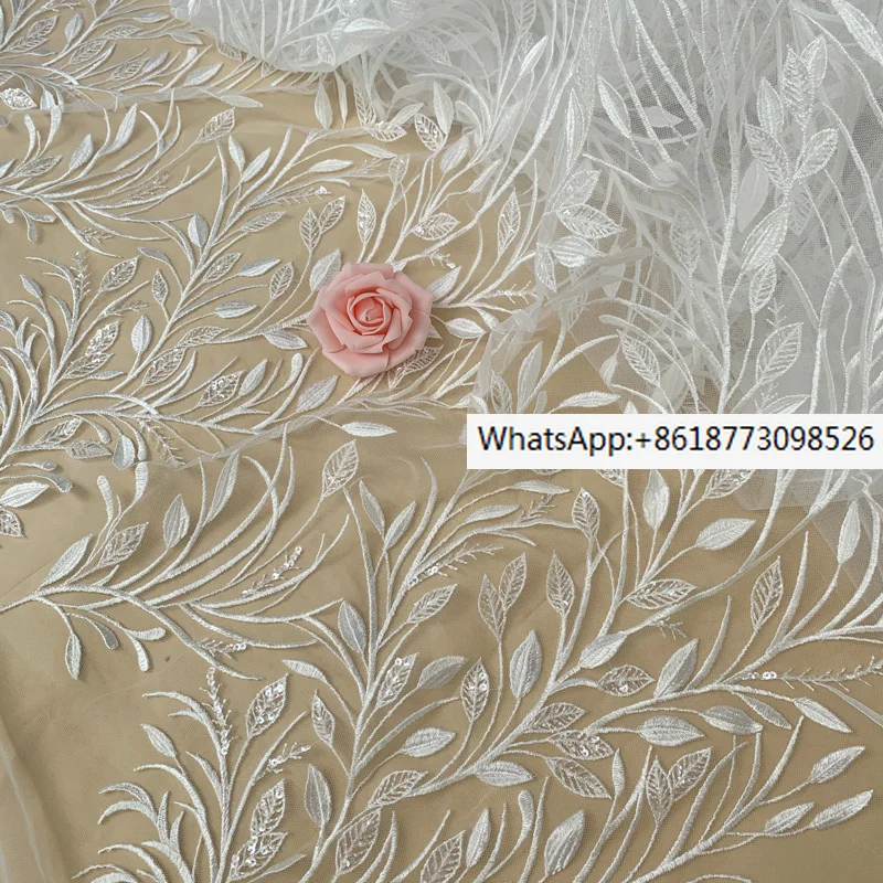 

Shanti Yi's New Fresh Leaf Shine Embroidery Full Lace Fabric Wedding Lace Accessories Off White One Size