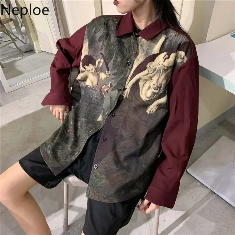 빈티지 엔젤 프린트 블라우스 셔츠 일본 streetwear 블라우스 카디건 긴 소..
