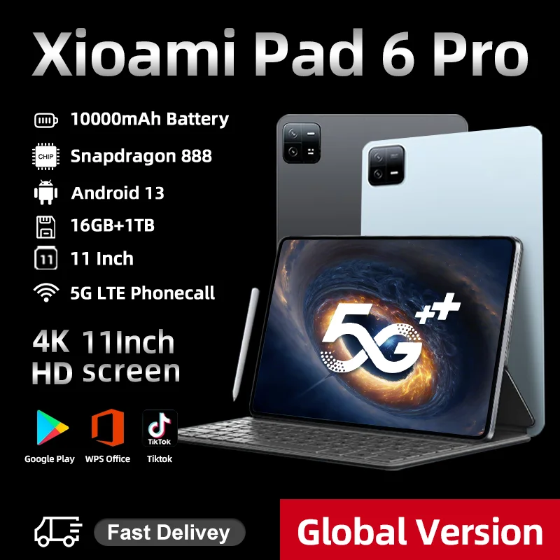 

Оригинальный планшет 2024 дюймов, Android 13 Pad 6 Pro, Snapdragon 888, ОЗУ 16 ГБ + ПЗУ 1 ТБ, телефон с двумя SIM-картами, 10000 мАч, HD 4K Tab