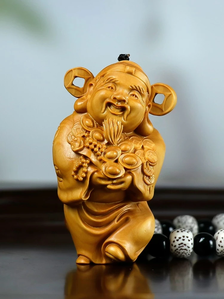 

God Statue Character God of Wealth Boxwood Carving Ornaments Natural Solid Wood Lucky Car Home Decorations 6.8CM