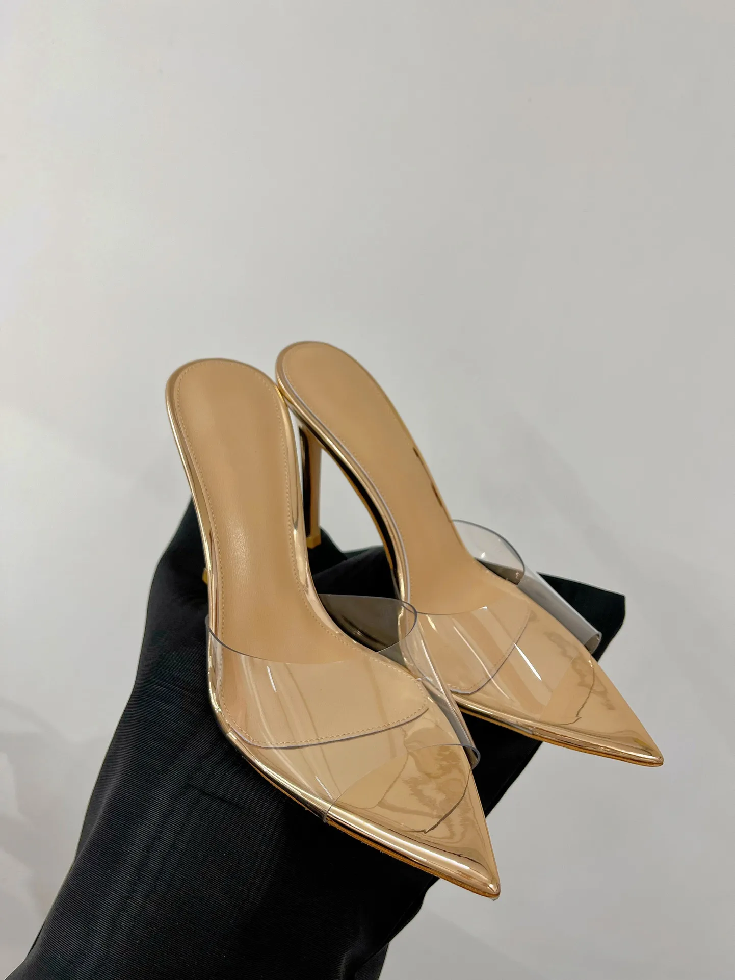 여성용 하이힐 샌들, 클리어 어퍼, 천연 가죽 슬라이드, 펌프 오픈 토 PVC 슬리퍼, 10cm, 신상